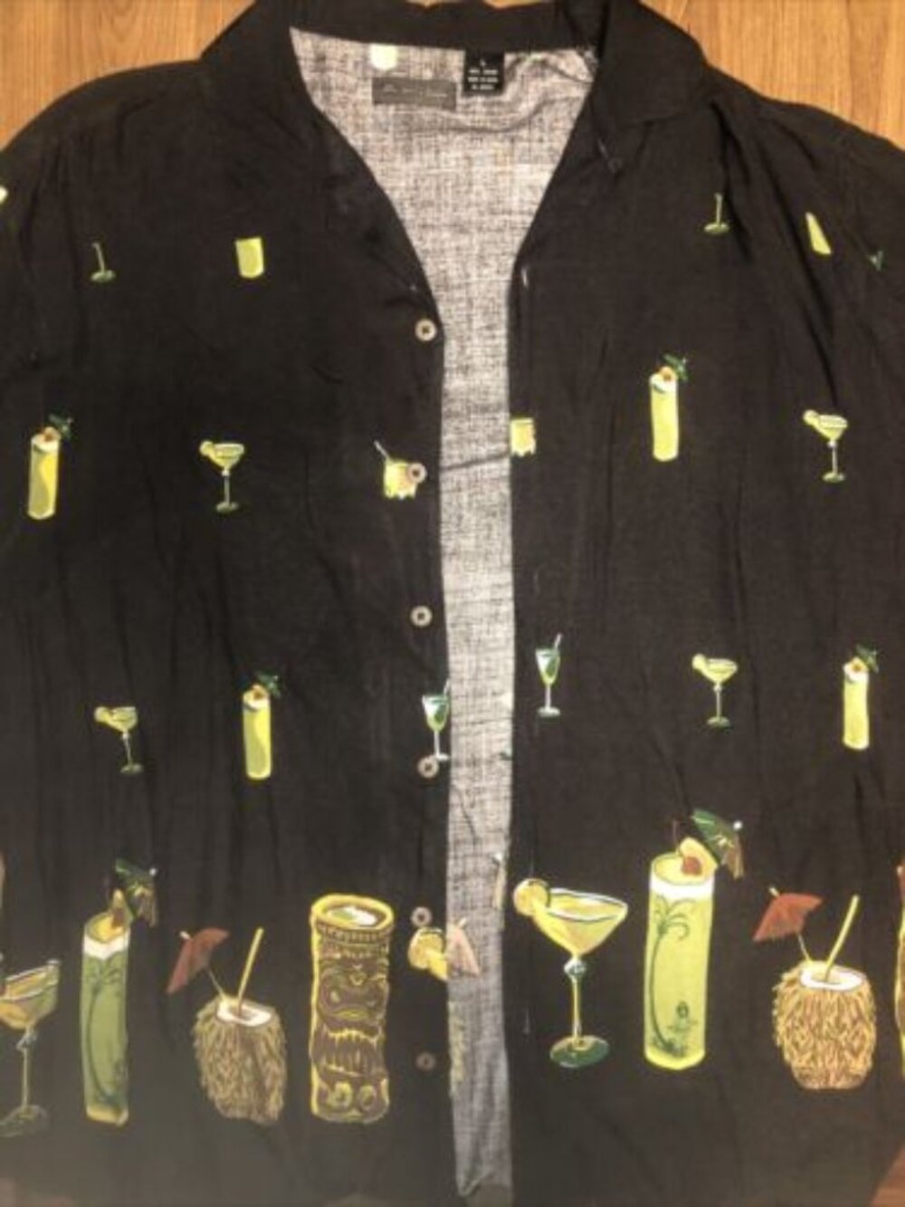 Axis 100% Rayon Drinks Print Black Button-Up Shirt L Button Up Hawaii Luau